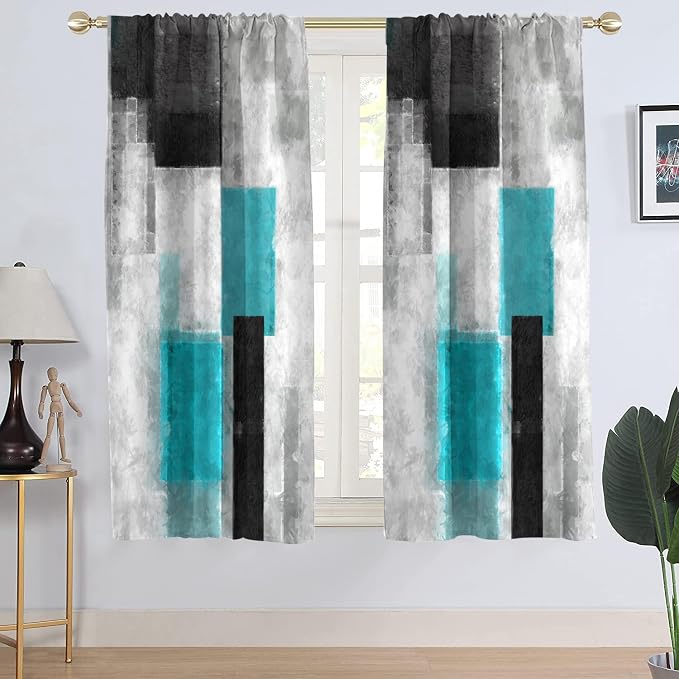 AAtter Teal Black and Grey Window Curtain Turquoise Gray Aqua White Silver Geometric Abstract Simple Art Printed Wide Deco Living Room Bedroom Drapes Treatment Fabric 1 Pair, 52" W x 63" L, Modern