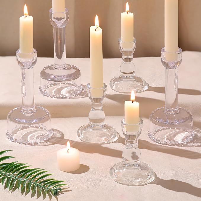 Lanttu 6 Pcs Clear Glass Candlestick Holders Taper Candle Holder Bulk | Crystal Candle Holders for Wedding, Table Centerpiece, Home Decoration