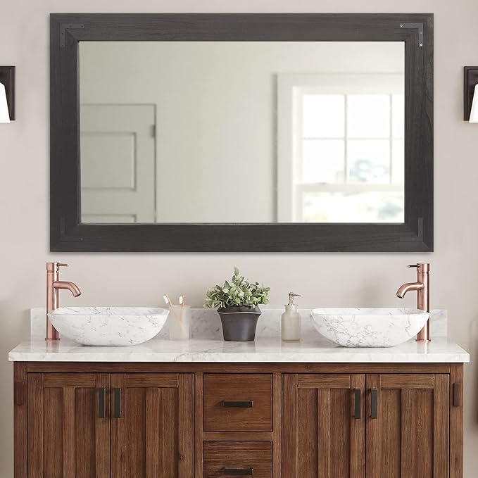 YOSHOOT Rustic Wooden Framed Wall Mirror, Natural Wood Bathroom Vanity Mirror for Farmhouse Decor, Vertical or Horizontal Hanging (40" x 26", Black)