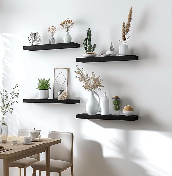 YYWUOJJ Wood Floating Shelves for Wall Decor, Rustic Wall Shelves for Bedroom Bathroom Kitchen Living Room, Set of 6 Black