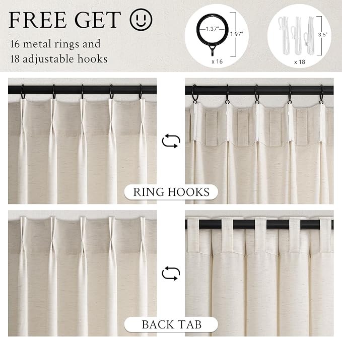 Topfinel Birch Pinch Pleated Linen Curtains 84 Inch Length 2 Panels for Bedroom Living Room Textured Semi Sheer Window Curtain Boho Neutral Back Tab Pinch Pleat Drape with Hooks 84 Inches Long
