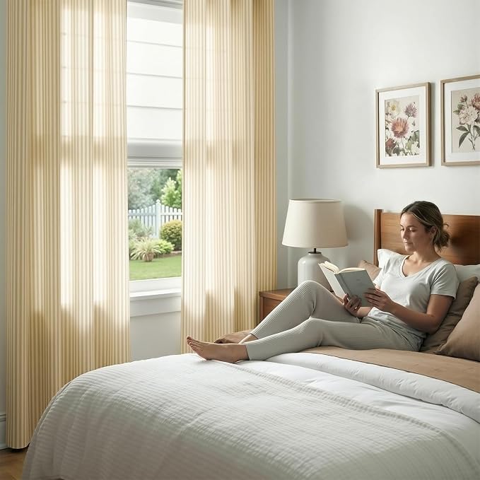 jinchan Linen Curtains 84 inch Yellow Stripe on White Grommet 2 Panels | Curtains for Living Room Bedroom,Ticking Vertical Stripe Pattern,Modern Farmhouse Drapes, Window Treatment,Light Filtering
