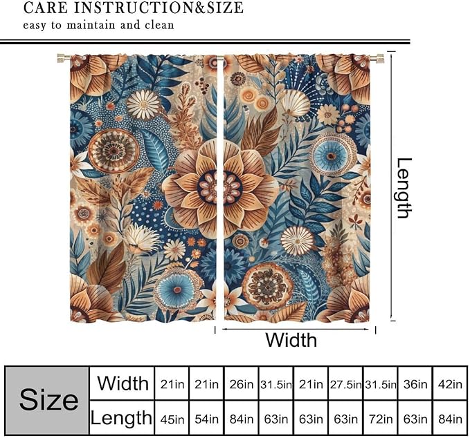 Bohemian-Style Floral Blackout Curtains, Suitable for Bedrooms and Living Rooms, Featuring A Vintage Botanical Pattern, Providing Insulation and Warmth, in Navy Blue and Brown42X63 Inch