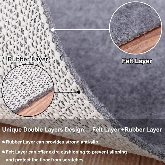 Non Slip Rug Pad Grippers - 3x5 Ft, 1/8" Thick, (Felt + Rubber) Double Layers Area Carpet Mat Tap, Provides Protection and Cushioning for Hardwood or Tile Floors