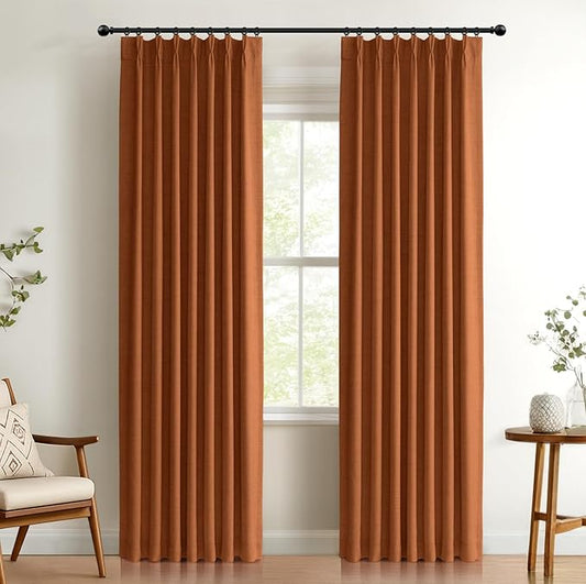 100% Blackout Shield Linen Look Textured Pinch Pleated Curtains Blackout Drapes 96 Inch Long 2 Panels Set, Faux Linen Blackout Curtains for Bedroom & Living Room, 40" W x 96" L, Burnt Orange