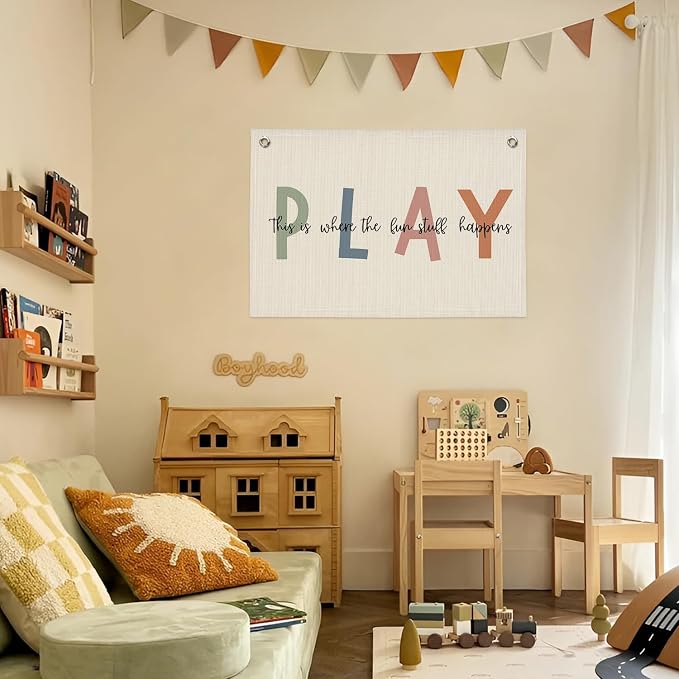 Playroom Wall Decor, Boho Classroom Kids Room Canvas Banner Wall Hanging Flag, This is Where All The Fun Stuff Happens Banner