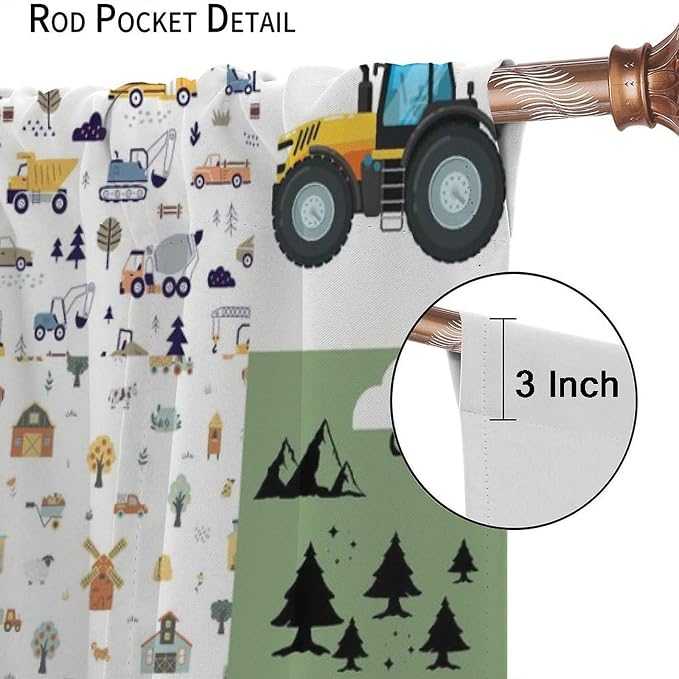 Cartoon Car Blackout Curtain,Kids Construction Truck Tractor Grid Stripes Farm Rustic Curtains Dining Room Living Room Kitchen Cafe Bedroom Office Nursery Drapes,52x84 in