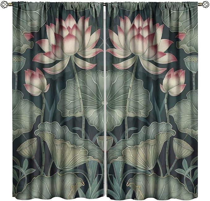 William Morris Lotus Blackout Curtains, Vintage Country Farmhouse Flowers Green Leaves Boho Window Drapes, for Living Room Bedroom 55" W X 63" L