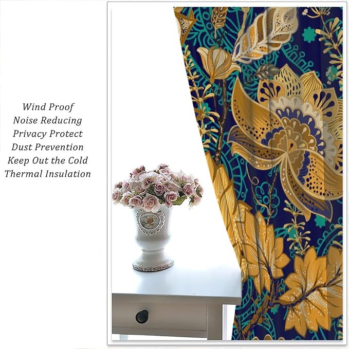 Floral-Patterned Blackout Curtains, Vintage Navy Blue with Gold Plant Motifs in Bohemian Style, Heat-Insulating Curtains for Living Rooms and Bedrooms55X63 Inch