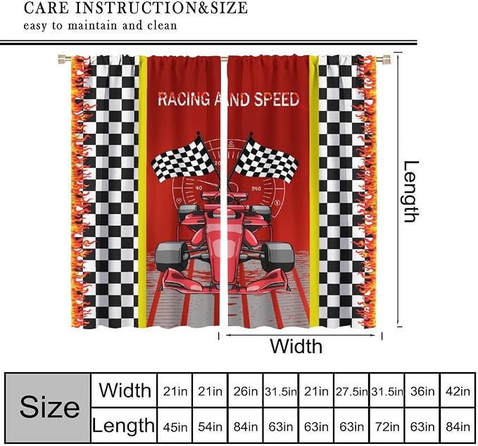 Racing Car Blackout Curtain,for Kids Boys Black Red White Start Flag Cartoon Race Cars Curtains Dining Room Living Room Kitchen Cafe Bedroom Office Nursery Drapes,55x63 in
