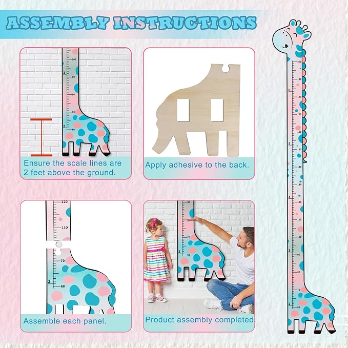 Wooden Growth Chart for Kids,Giraffe Height Chart for Boy Girls,Measuring Board for Kids Height,for Child's Room,Nursery Decor Decoration Wall Art (Blue and Pink Gradient Giraffe)