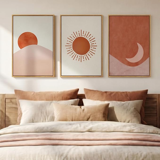 Framed Sun and Moon Boho Wall Art Bedroom, 3 Piece Abstract Minimalist Terracotta Canvas Painings Prints Artwork for Walls, Mid Century Modern Bohemian Pictures for Living Room Office Wall Decor, 16x24 Inch