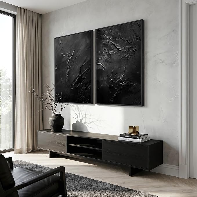 Large Framed Black Abstract Wall Art Set of 2 for Living Room, Modern Minimalist Painting Print Canvas Artwork for Walls, Contemporary Luxury Trendy Wall Decor for Bedroom Office Hallway, 24x36 Inch