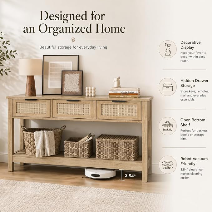 Luoxiao Rattan Console Table 3-Drawer 47" Narrow Wood Entryway Sofa Table | Trendy Boho Hallway Foyer Storage, Open Shelf, Sturdy Entry Table for Living Room, Couch, Easy Assembly, Anti-Tip, Natural