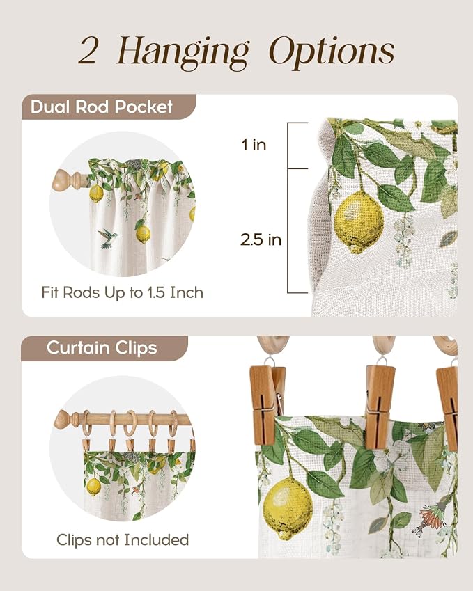 Miss Adola Valance Curtain for Windows - 16 Inch Linen Blend Farmhouse Lemon Bird Valance for Kitchen Living Room Bedroom Bathroom Vintage Country Short Curtain with Rod Pocket, 1 Panel