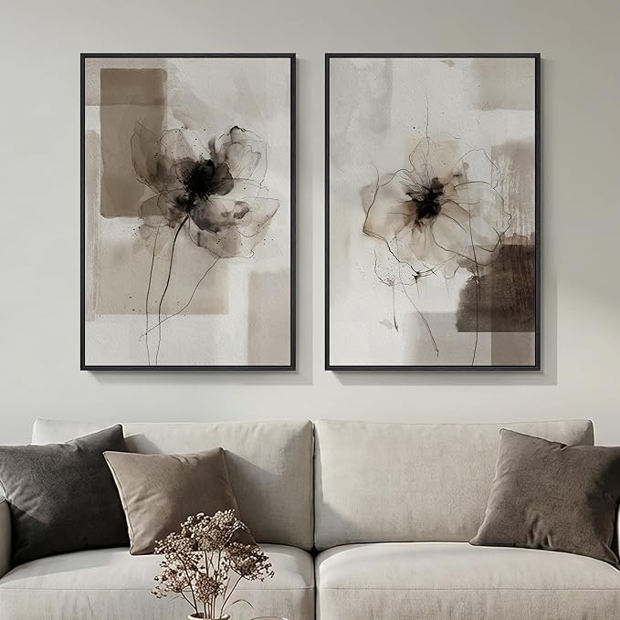 Framed Neutral Abstract Floral Wall Art for Living Room, Set of 2 Black and Brown Canvas Prints Artwork for Walls, Large Modern Minimalist Flower Earthy Pictures Bedroom Hallway Wall Decor, 24x36 Inch