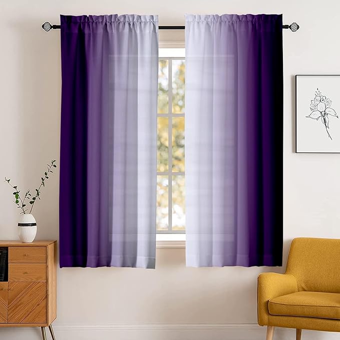 Purple Curtains 63 Inch Length for Living Room 2 Panel Set Purple and Grey White Window Treatment Curtain Lavender Ombre Gradient Light Filtering Curtains Modern Abstract Drapes,42Wx63L