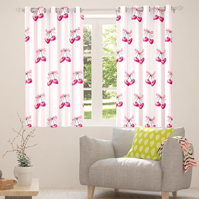 Feelyou Pink Girls Bow Curtains for Bedroom Living Room (2 Panels, 42 x 63 Inch) Kawaii Cherry Prints Darkening Dreapes Boys Teens Decor Bow Blackout Curtains Cute Bowknot Window Treatments