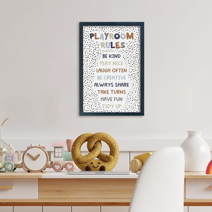 Playroom Rules Sign for Kids, 11x16 Black Wood Framed | Boho Neutral Polka Dot, Wall Decor