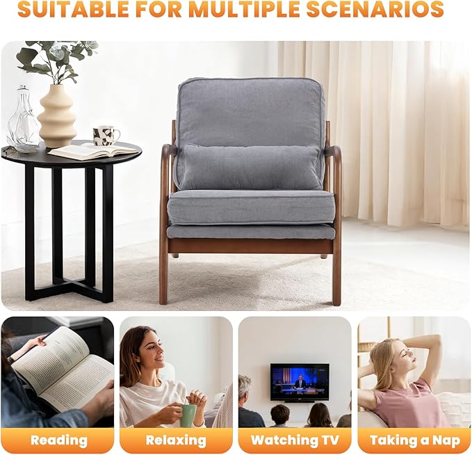 DUMOS Accent Chair Mid Century Modern Chair with Arms and Waist Cushion, Reading Chairs for Adults with Solid Frame, Lounge Side Sitting Armchair for Living Room, Bedroom, Balcony, Light Grey