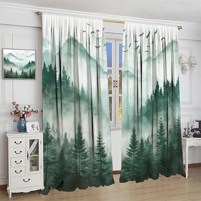 Watercolour Forest Curtains, Green Nature Forest Valley Misty Fresh Flying Birds Landscape Windows Treatments Drapes for Kids Boys Girls Living Room Bedroom 42x45in（No Blackout）