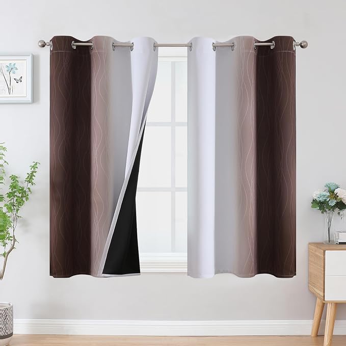 Estelar Textiler Brown and Greyish White Ombre Blackout Curtains 54 Inch Length 2 Panels, Full Room Darkening Gradient Drapes for Window, Thermal Insulated Grommet Short Curtains for Bedroom,42Wx54L