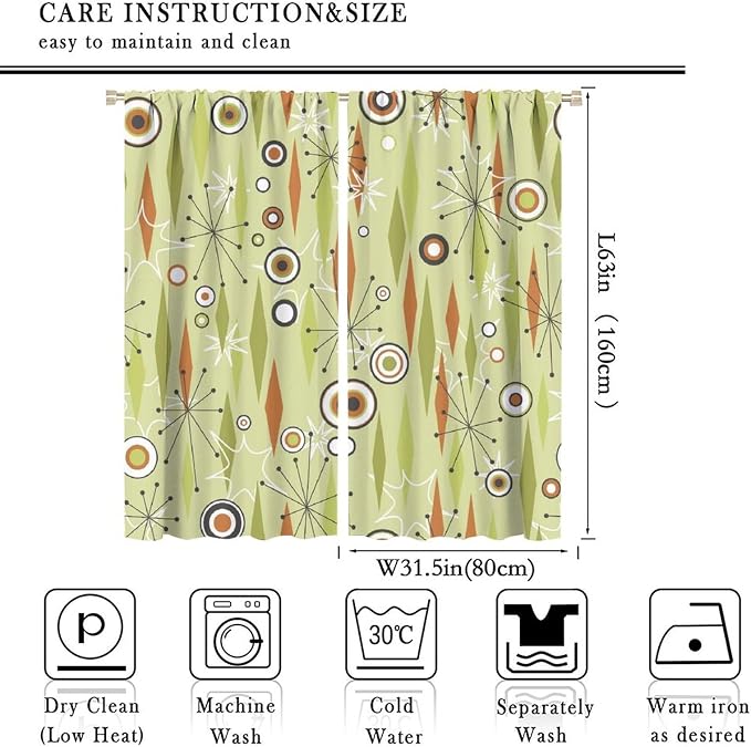 JESTRONRY Mid Century Curtains,Vintage 1950s Modern Retro Atomic Pattern Blackout Rod Pocket Window Drapes for Living Room Bedroom Kitchen Bathroom Home Decor 63x63in