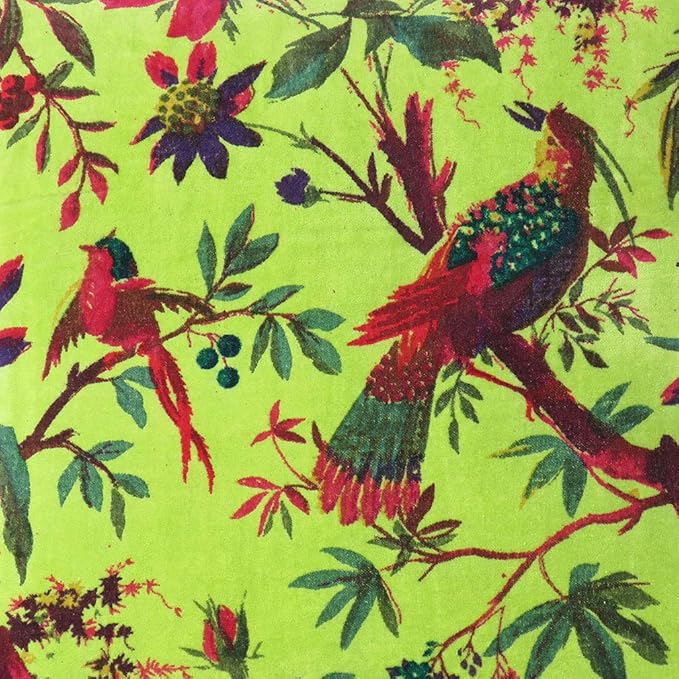 Velvet Floral Flower Bird Throw Pillow Sofa Cushion Cover Case Couch Colorful Boho Chic Bohemian Accent Indian Handmade (Light Green, 20" x 12")