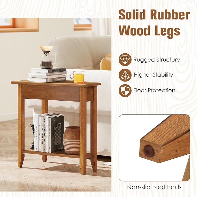 Giantex Wedge End Table, Triangle Side Table with Storage Shelf and Solid Wood Legs, 24.5" Tall Nightstand, Modern Narrow Accent Recliner Table for Small Space Living Room, Light Walnut