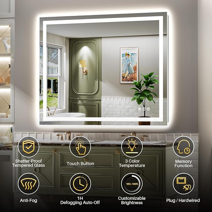 Briivue 48x38 Inch LED Bathroom Mirror with Lights, Backlit & Front Lit, Anti-Fog Lighted Bathroom Vanity Mirror for Wall, Memory Function, Dimmable, HD Tempered Glass, Shatter-Proof