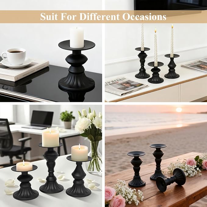 Matte Black Pillar Candle Holders Set of 3, Metal Vintage Antique Candle Stand for Pillar & LED Flameless Candles, Decorative for Table Centerpiece, Fireplace, Dining & Living Room Decoration