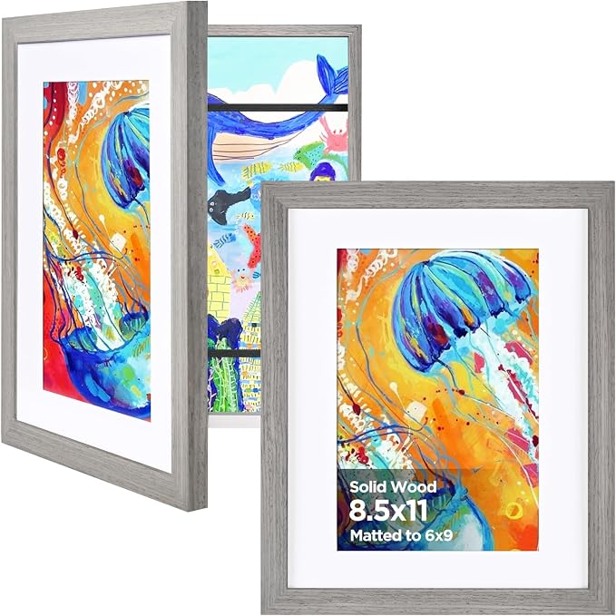 KINLINK 8.5x11 Kids Art Frame 2 Pack, Solid Wood Artwork Frames Changeable, Front Opening Hold 150 Pictures, Art Frames for Kids Artwork, 6x9 with Mat 8.5x11 without Mat, Picture Frames Grey