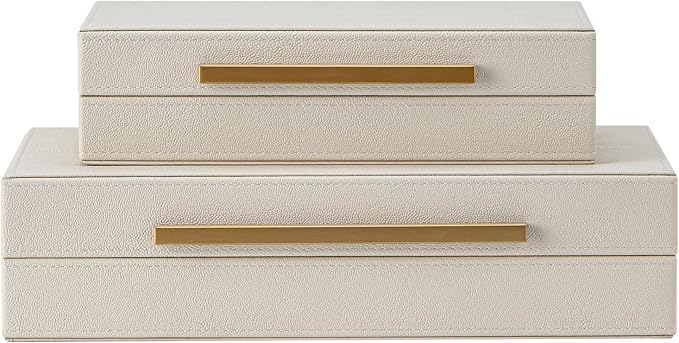 Set of 2 Beige Shagreen Decorative Storage Boxes with Gold Metal Handles – Faux Leather Jewelry & Memory Boxes, Nesting Photo Organizers for Home Decor