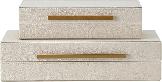 Set of 2 Beige Shagreen Decorative Storage Boxes with Gold Metal Handles – Faux Leather Jewelry & Memory Boxes, Nesting Photo Organizers for Home Decor