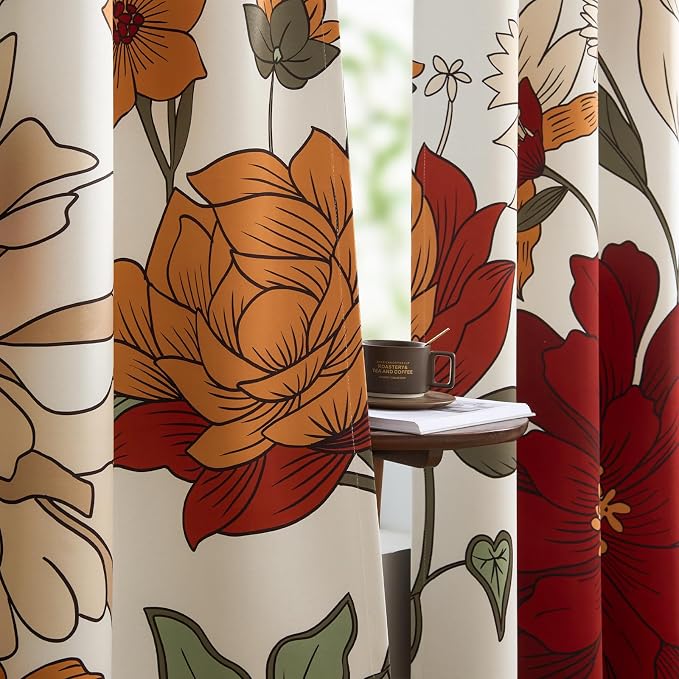 Lazzzy Floral Curtains for Bedroom Living Room Faux Linen Vintage Blackout Curtains 84 Inches Long Room Darkening Drapes Grommet Flower Patterned Window Treatments Set of 2 Panels, 52" x 96", Beige