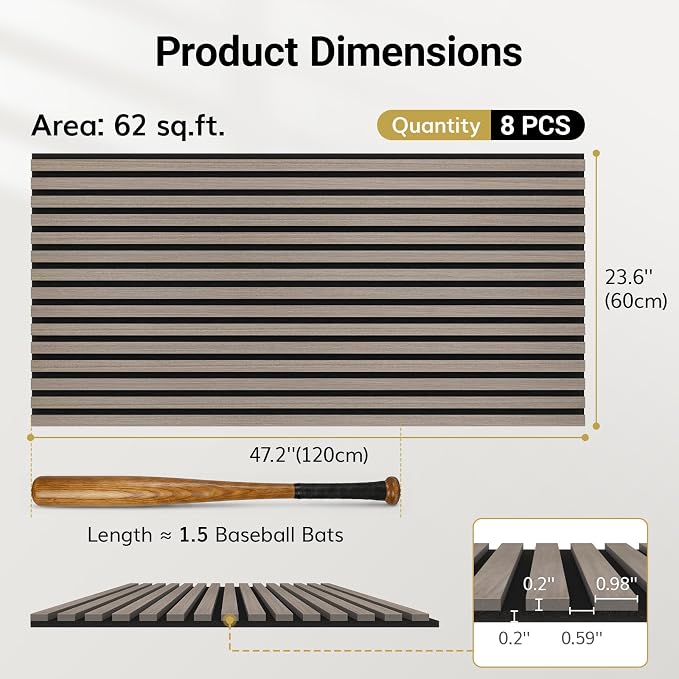 TONOR Wood Wall Panels for Interior Wall Decor, 8 Pack 47.2" x 23.6"(61.88ft²) Wood Slat Aacoustic Panels, Soundproof Wall Panels for Noise Cancelling and Decoration, Living Room, Office, Grey