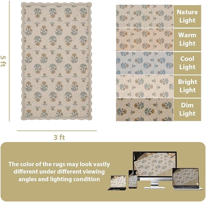 ORTIGIA Scalloped Easy Jute 3x5 Area Rug Vintage Yellow Floral Farmhouse Washable Rug Non-Slip Indoor Outdoor Carpet for Living Room Bedroom Kitchen Patio Entryway