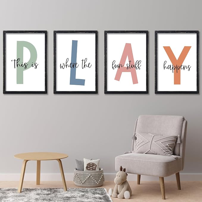 Playroom Wall Art Decor This Is Where The Fun Stuff Happens Sign Colorful Letters Decor 4 Piece 16"×11" for Toddler Modren Nursery Children Prints Small Wood Framed Wall Hanging (Black)