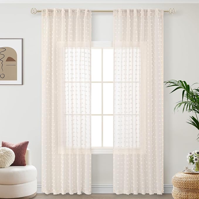 Sheer Beige Curtains 90 Inches Long 2 Panels for Bedroom Living Room Boho Farmhouse Natural Semi Sheer Curtain Nursery Pom Pom Tufted Pattern Drapes Country Rustic Decor Back Tab 52x90 Light Beige