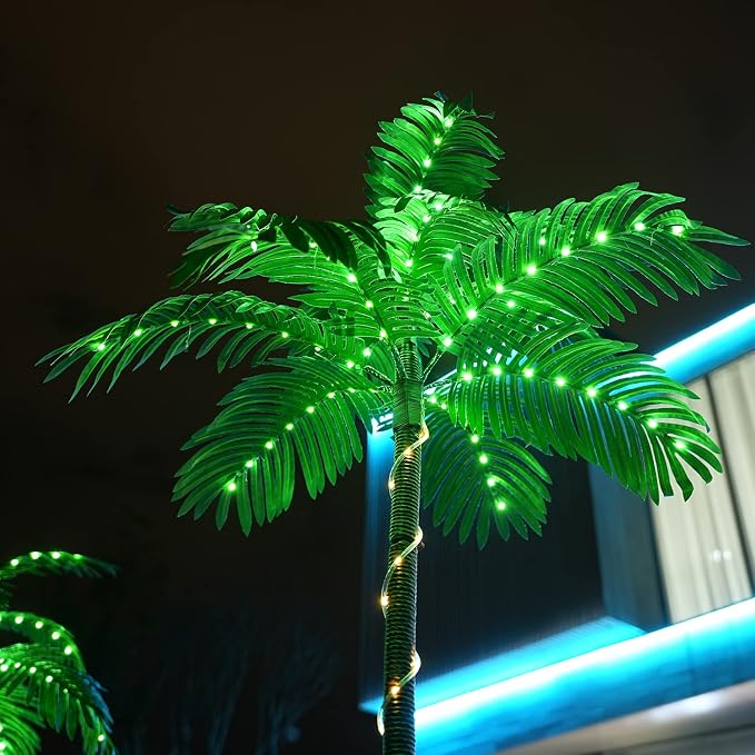 Artificial Palm Tree Christmas Tree 7Ft 3Trunks 260LED Lighted Simulation Tropical Palm Tree Fake Plant Light for Patio Home Office Beach Yard Cruise Hawaiian Party Tiki Bar Decorations - Electric