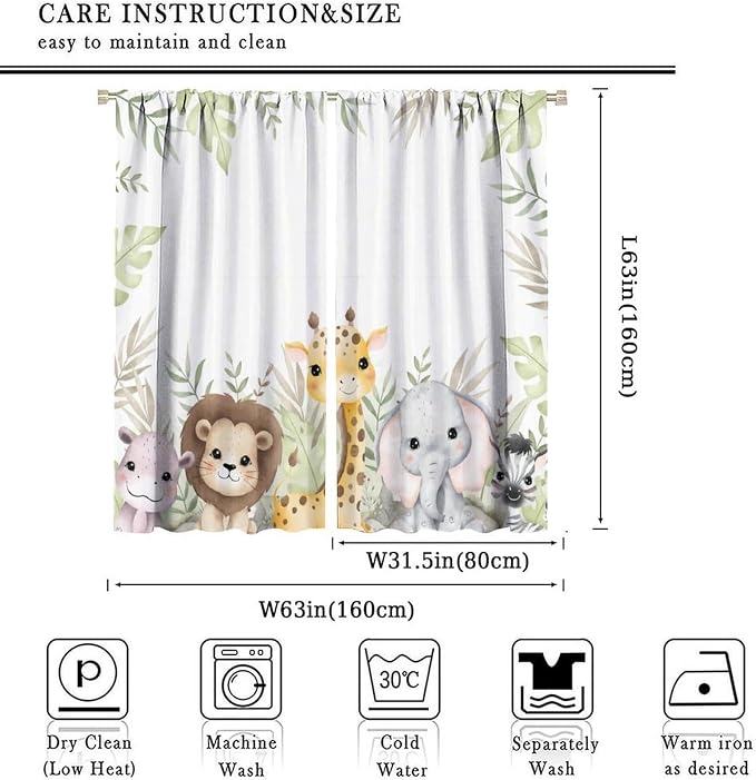 Nursery Curtains Jungle Safari Theme with Giraffe Print, Kids Room Classroom Decor, 63x63 Inches, 75% Blackout Fabric for Baby Nursery, Animal Cub Design, Easy Install & Machine Washable