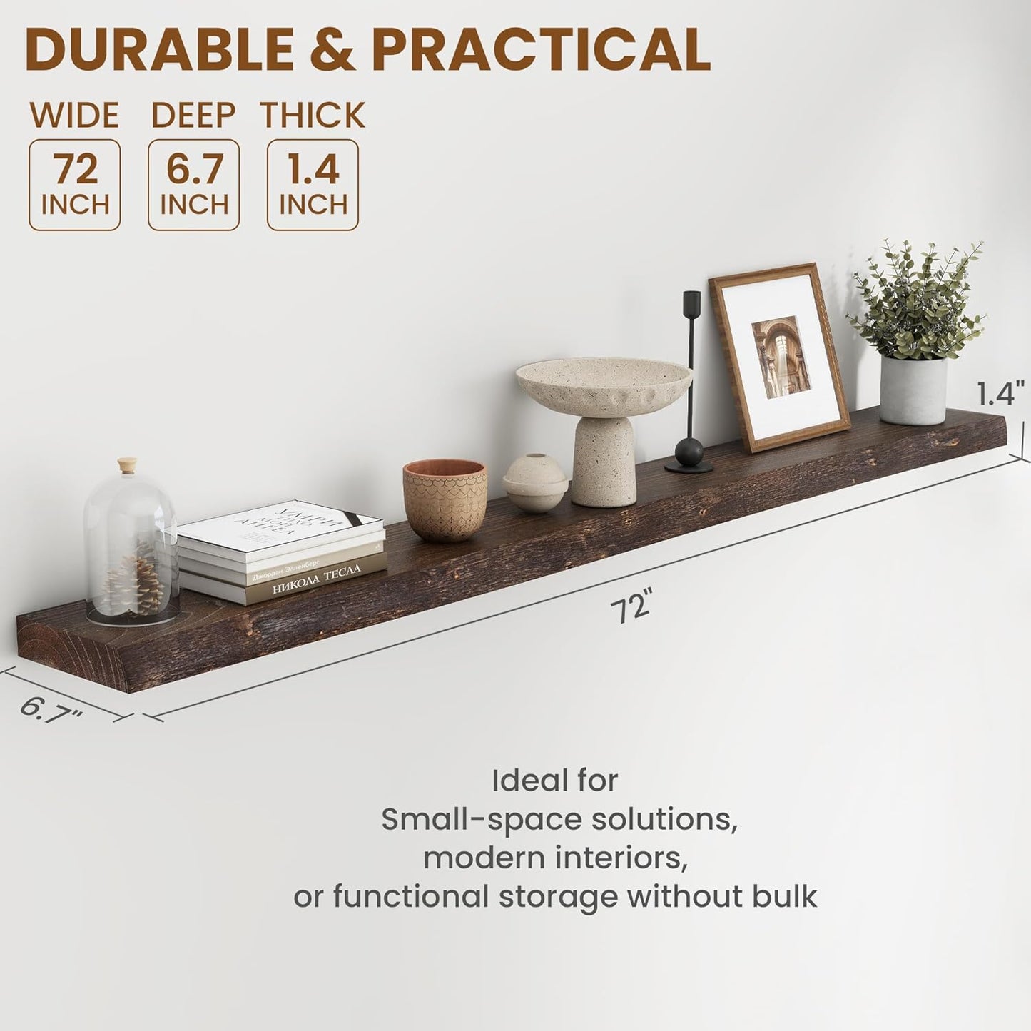72" Floating Shelves, Live Edge Elm Wood Floating Shelf for Wall, Wall-Mounted Display Shelves with Invisible Heavy-Duty Bracket, Long Floating Shelf for Bathroom, Kitchen, Living Room, Walnut Color
