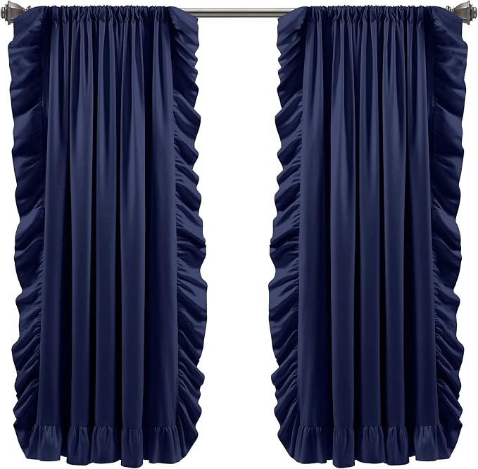 Lush Decor Reyna Ruffle Window Curtain Panel Set, Pair, 54" W x 63" L, Navy - Flowy Curtain Set - Romantic Ruffle Curtains for Bedroom, Living room, or Dining Room - Farmhouse & Cottage Home Decor