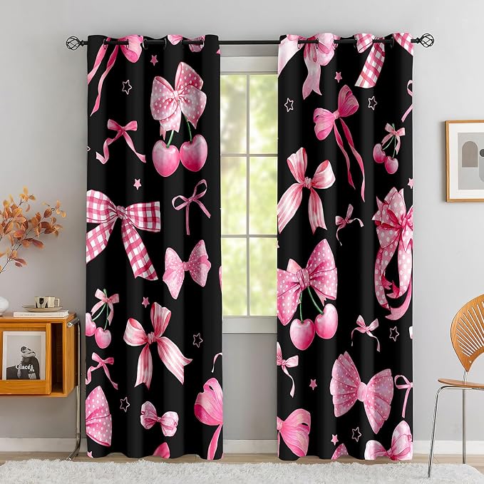 LUVIVIHOME Pink Bow Cherry Curtains, Cute Blackout Curtains, Girls Bedroom Decor, Girly Black Curtains, 2 Panel Sets, 42x84 Inch