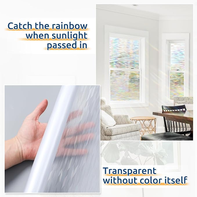 rabbitgoo Window Privacy Film, Stanied Glass Cling with Kit, 35.4" x 157.4" | 3D Rainbow Prism Effect, Static Cling, Sun Blocking Reduce Glare, Easy to Install, Decorative Glass Clings for Home Decor