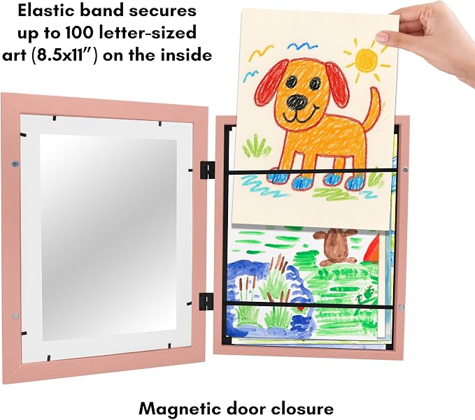 Americanflat Kids Artwork Frame Changeable (Peachy Pink) - Magnetic Door Holds 100 Art Pieces - 8.5x11 Letter Size Display with Mat or 10x12.5 Without Mat - My Mini Masterpiece