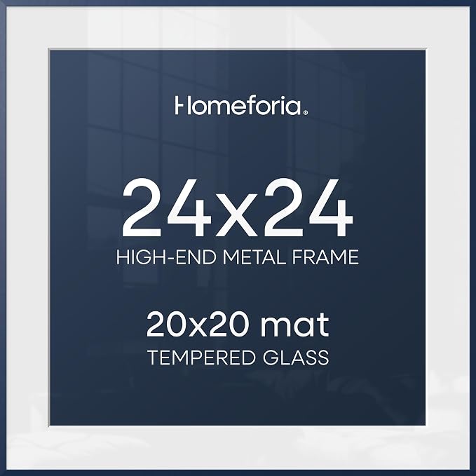 Homeforia 24x24 Picture Frame Navy Blue, High End Metal 24 x 24 Large Square Poster Frame with Mat 20 by 20 inch Photo, 24by24 Thin Frames Matted to 20x20 for Print, Tempered Glass, Wall Kit, Set of 1