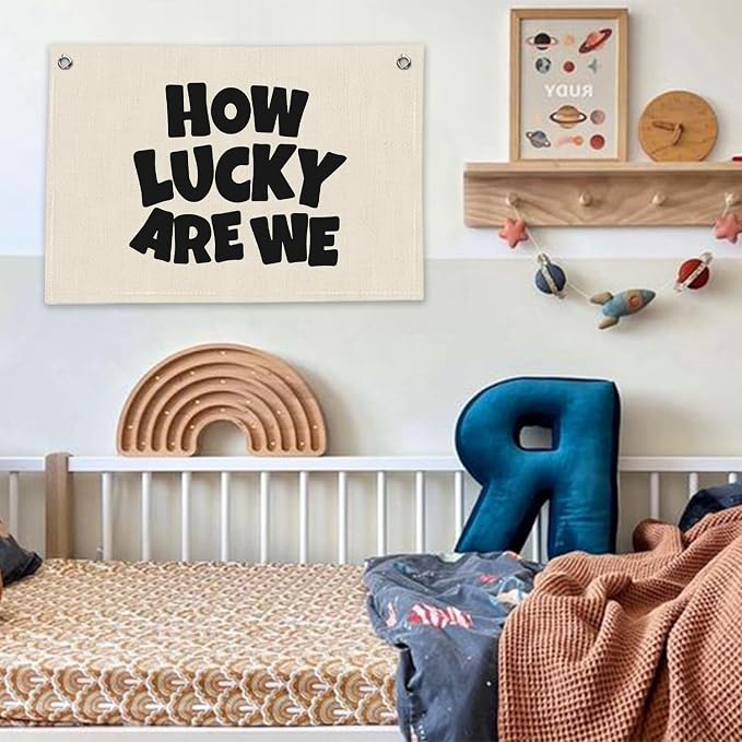 RTXLEZM How Lucky Are We Inspirational Canvas Banner,Kids Room Decor | Minimalist Positive Affirmations Wall Art Prints for Toddler Boys Girls Nursery Bedroom Playroom Decor, 20x30 Inch