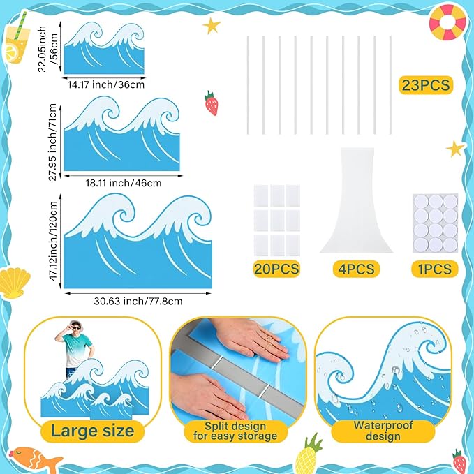Geelin 3 Sets Ocean Waves Cardboard Cutout Stand up Ocean Beach Theme Party Decoration Wave Life Size Photo Props for Summer Under the Sea Home Party Decoration