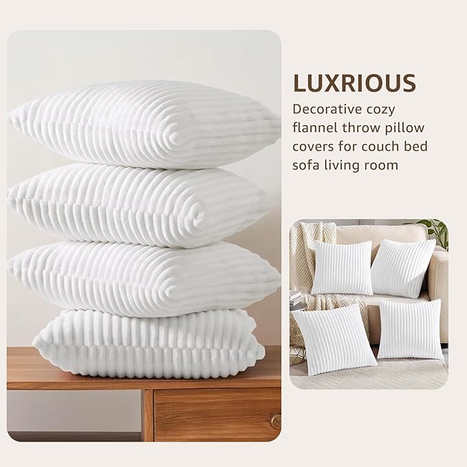 decorUhome Set of 4 Flannel Neutral White Throw Pillow Covers 18x18 Inch, Spring Decorative Soft Double-Sided Fluffy Couch Pillow Covers, Farmhouse Pillow Cases for Sofa Living Room